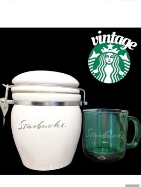 Vintage Starbucks 6.5" canister w/ bonus 4" clear green & script mug